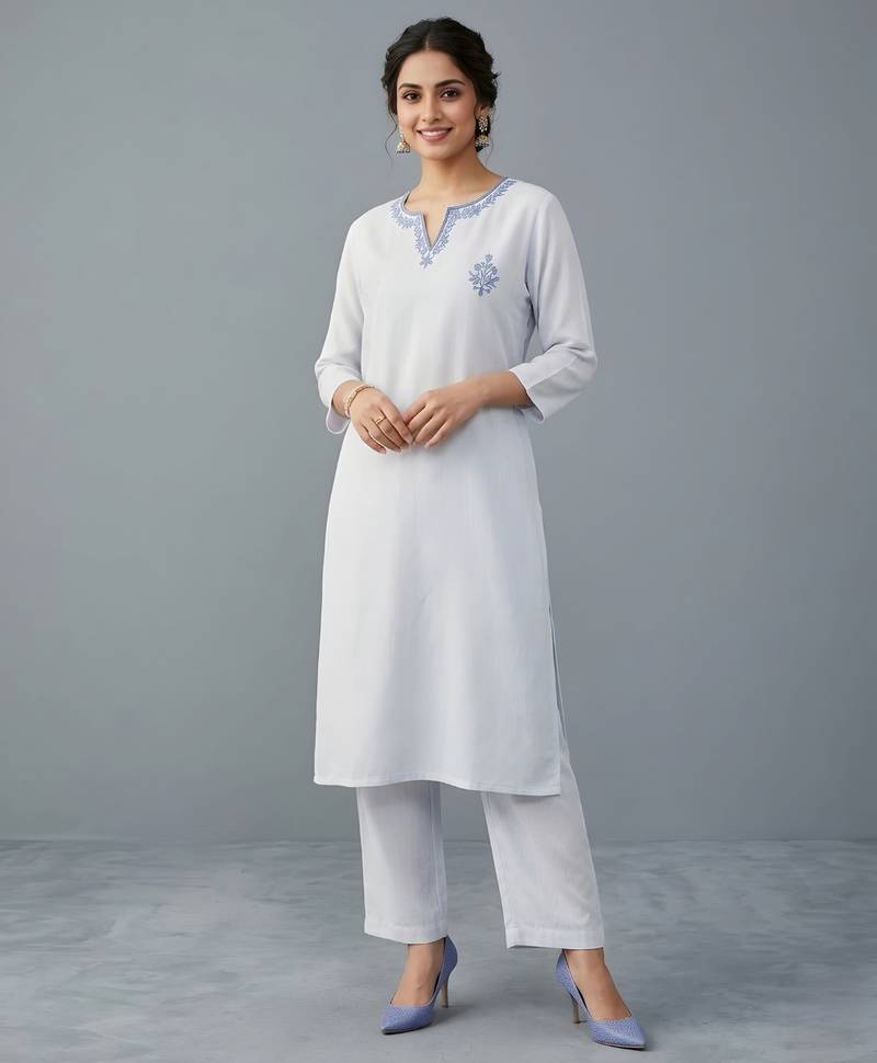 White embroidered rayon kurta set