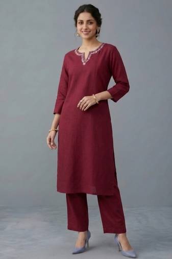 Maroon embroidered rayon kurta set