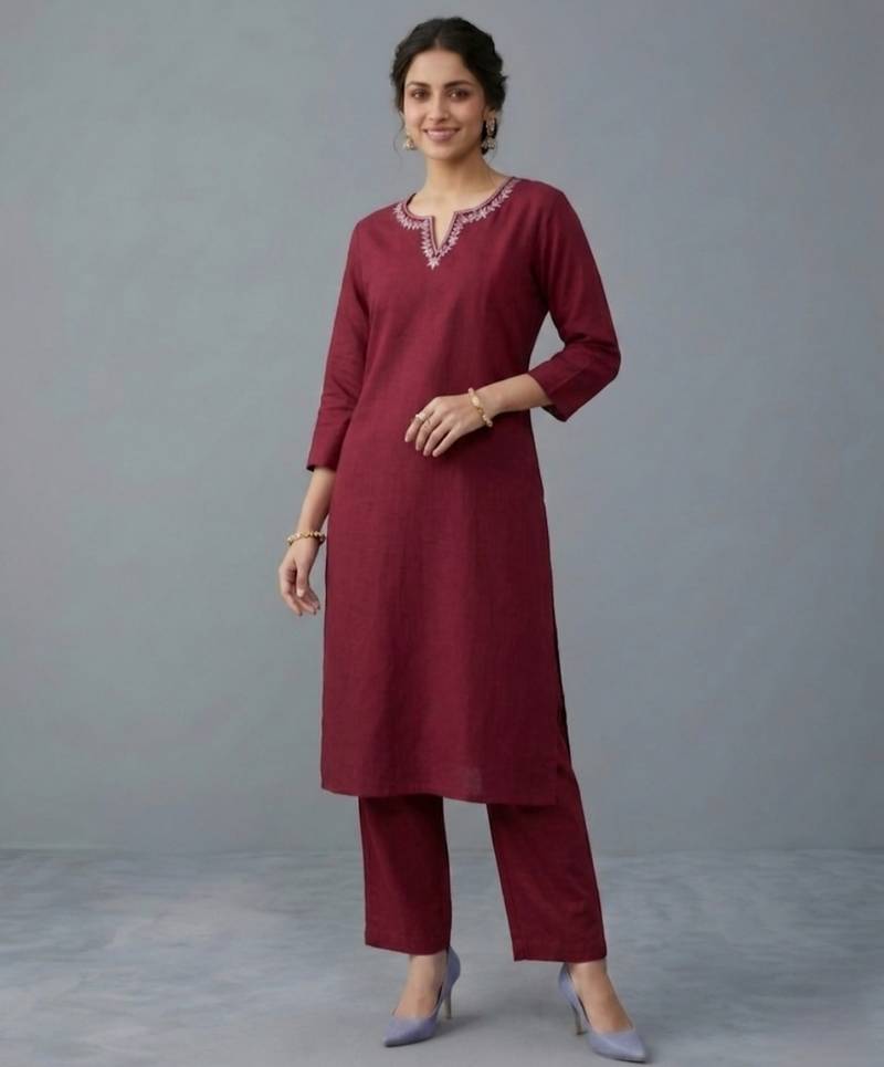 Maroon embroidered rayon kurta set