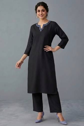 Black embroidered rayon kurta set