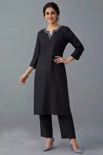 Black embroidered rayon kurta set