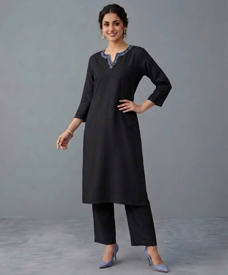 Black embroidered rayon kurta set