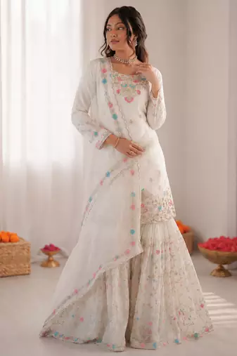 Off white art silk thread sequin with sharara suit