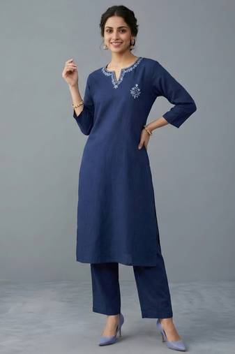 Blue embroidered rayon kurta set