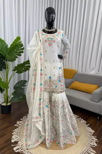Off white art silk thread sequin with sharara suit