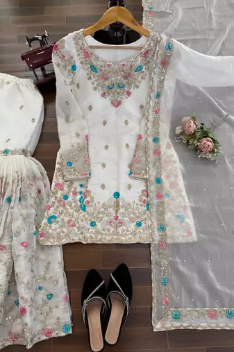 Off white art silk thread sequin with sharara suit