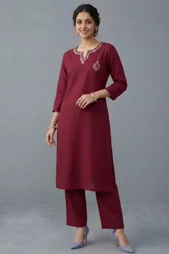 Maroon embroidered rayon kurta set