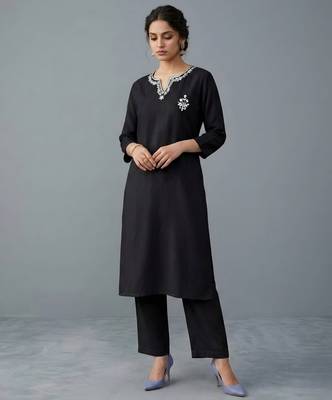 Black embroidered rayon kurta set 1
