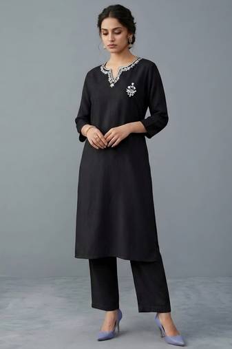Black embroidered rayon kurta set