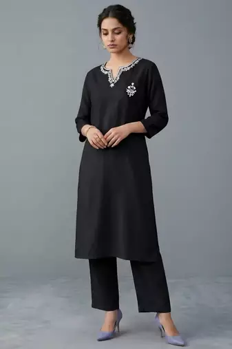 Black embroidered rayon kurta set
