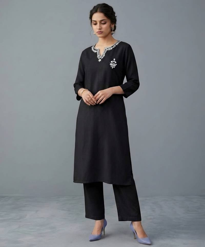 Black embroidered rayon kurta set