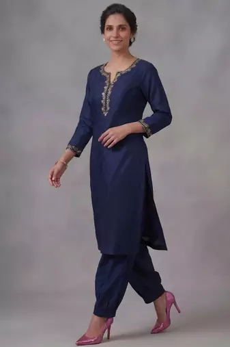 Blue embroidered rayon kurta set