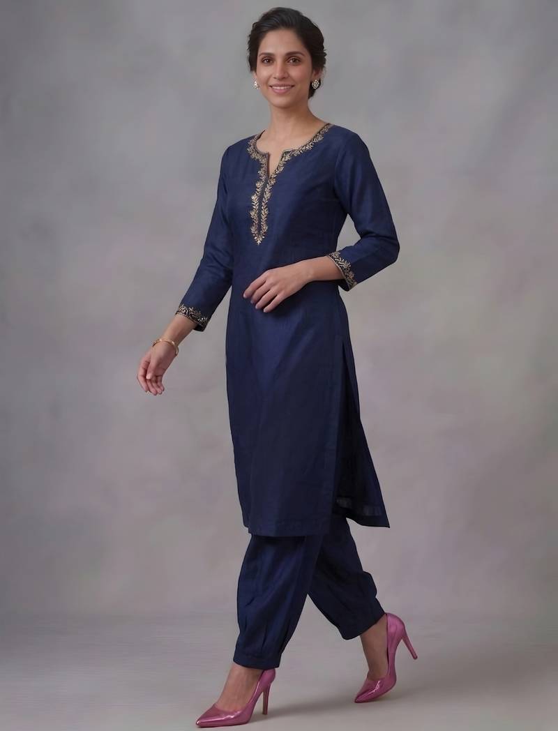 Blue embroidered rayon kurta set