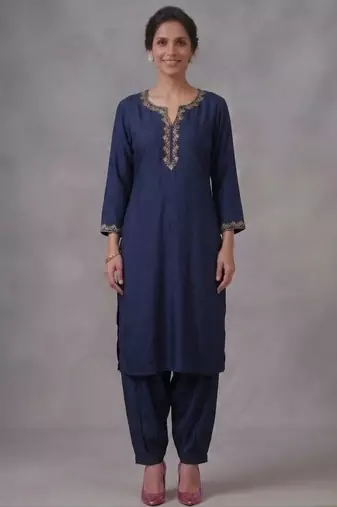 Blue embroidered rayon kurta set