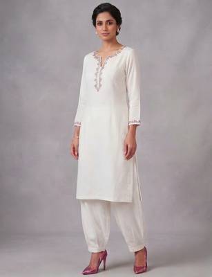 White embroidered rayon kurta set 1