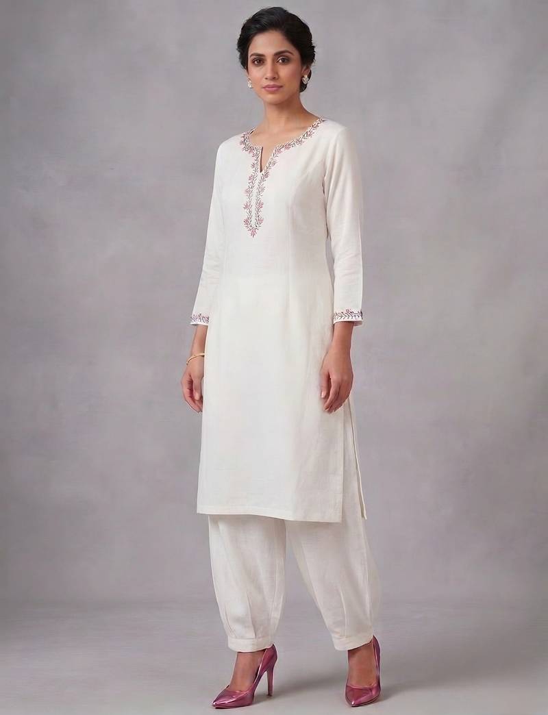 White embroidered rayon kurta set