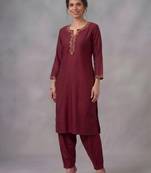 Maroon embroidered rayon kurta set