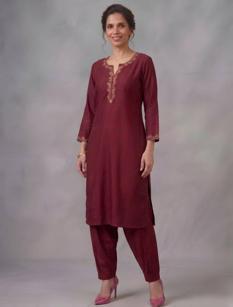 Maroon embroidered rayon kurta set