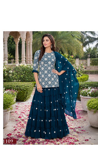 Teal Blue Elegant Embroidered Kurti With Flowy Sharara And Soft Net Dupatta Perfect For Festive And Wedding Looks 1