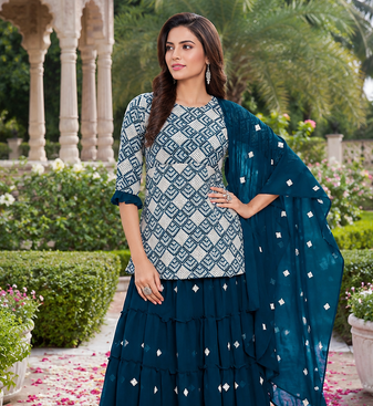 Teal Blue Elegant Embroidered Kurti With Flowy Sharara And Soft Net Dupatta Perfect For Festive And Wedding Looks