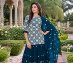 Teal Blue Elegant Embroidered Kurti With Flowy Sharara And Soft Net Dupatta Perfect For Festive And Wedding Looks