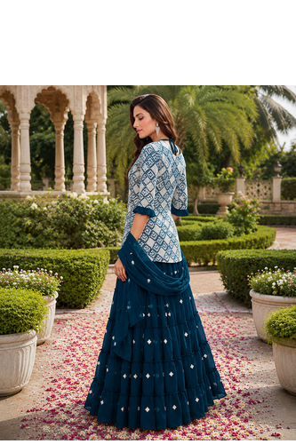 Teal Blue Elegant Embroidered Kurti With Flowy Sharara And Soft Net Dupatta Perfect For Festive And Wedding Looks 2