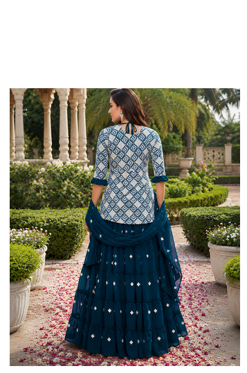 Teal Blue Elegant Embroidered Kurti With Flowy Sharara And Soft Net Dupatta Perfect For Festive And Wedding Looks 3