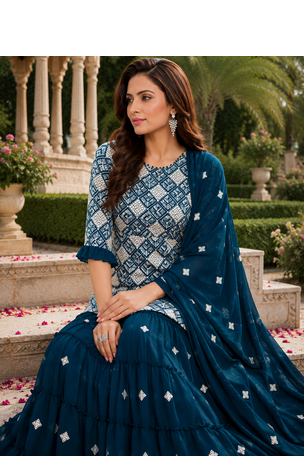 Teal Blue Elegant Embroidered Kurti With Flowy Sharara And Soft Net Dupatta Perfect For Festive And Wedding Looks 4