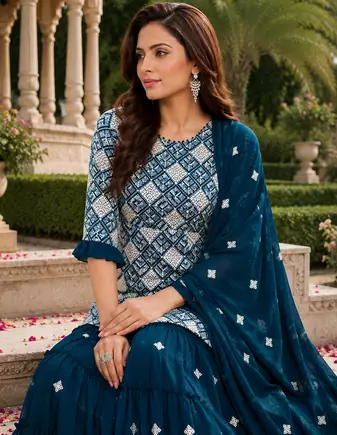Teal Blue Elegant Embroidered Kurti With Flowy Sharara And Soft Net Dupatta Perfect For Festive And Wedding Looks