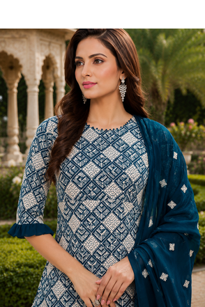 Teal Blue Elegant Embroidered Kurti With Flowy Sharara And Soft Net Dupatta Perfect For Festive And Wedding Looks 5