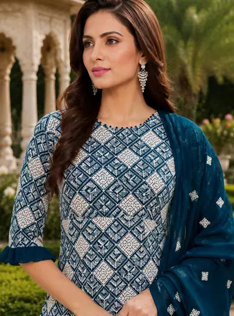 Teal Blue Elegant Embroidered Kurti With Flowy Sharara And Soft Net Dupatta Perfect For Festive And Wedding Looks