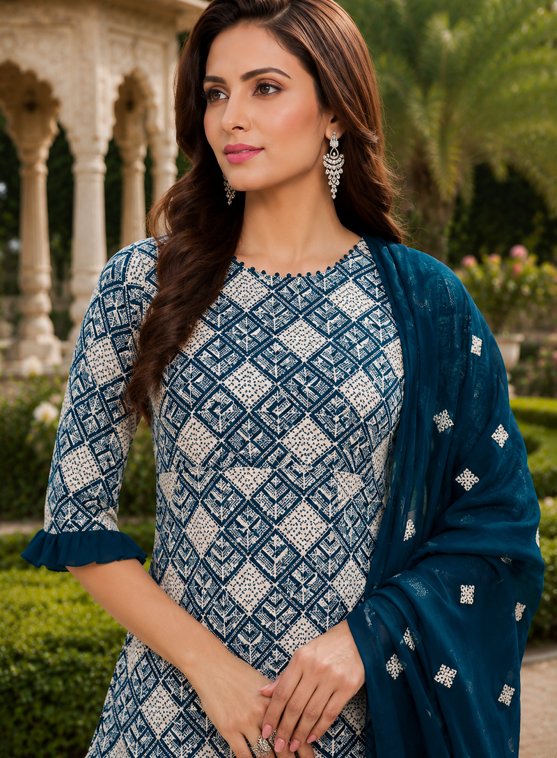 Teal Blue Elegant Embroidered Kurti With Flowy Sharara And Soft Net Dupatta Perfect For Festive And Wedding Looks
