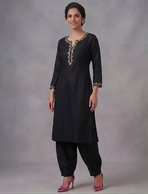 Black embroidered rayon kurta set 1