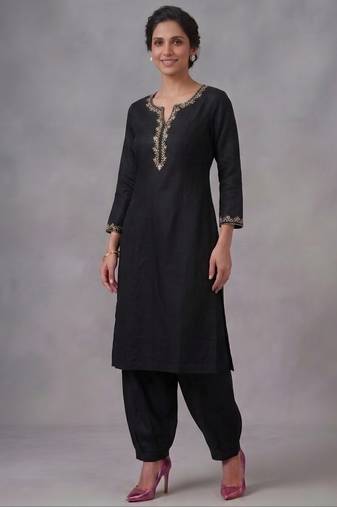 Black embroidered rayon kurta set
