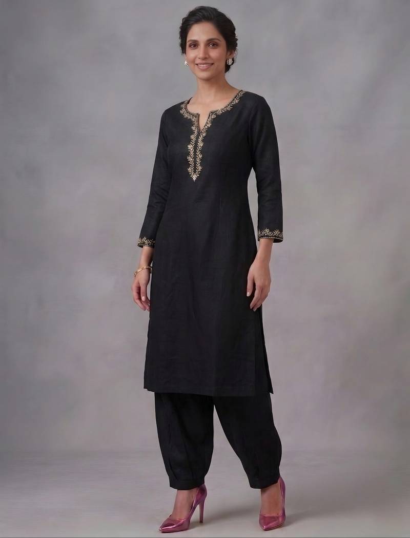 Black embroidered rayon kurta set