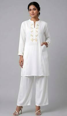 White embroidered rayon kurta set 1