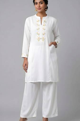 White embroidered rayon kurta set