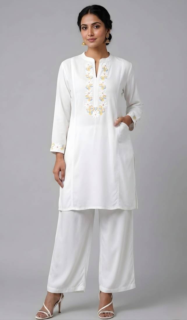 White embroidered rayon kurta set