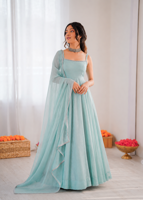 Sky blue art silk anarkali suit 1