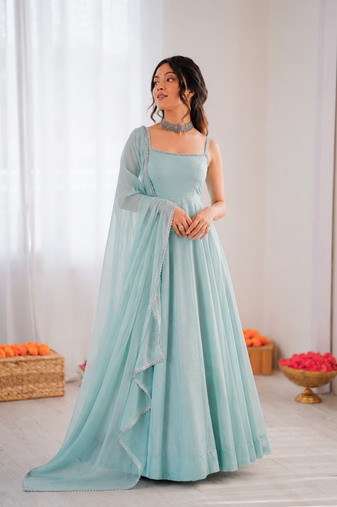 Sky blue art silk anarkali suit