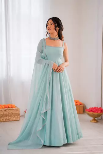 Sky blue art silk anarkali suit