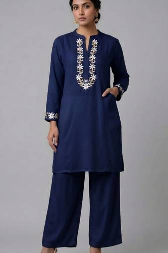 Blue embroidered rayon kurta set