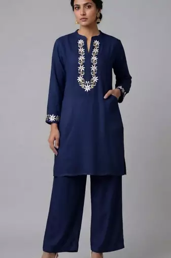 Blue embroidered rayon kurta set