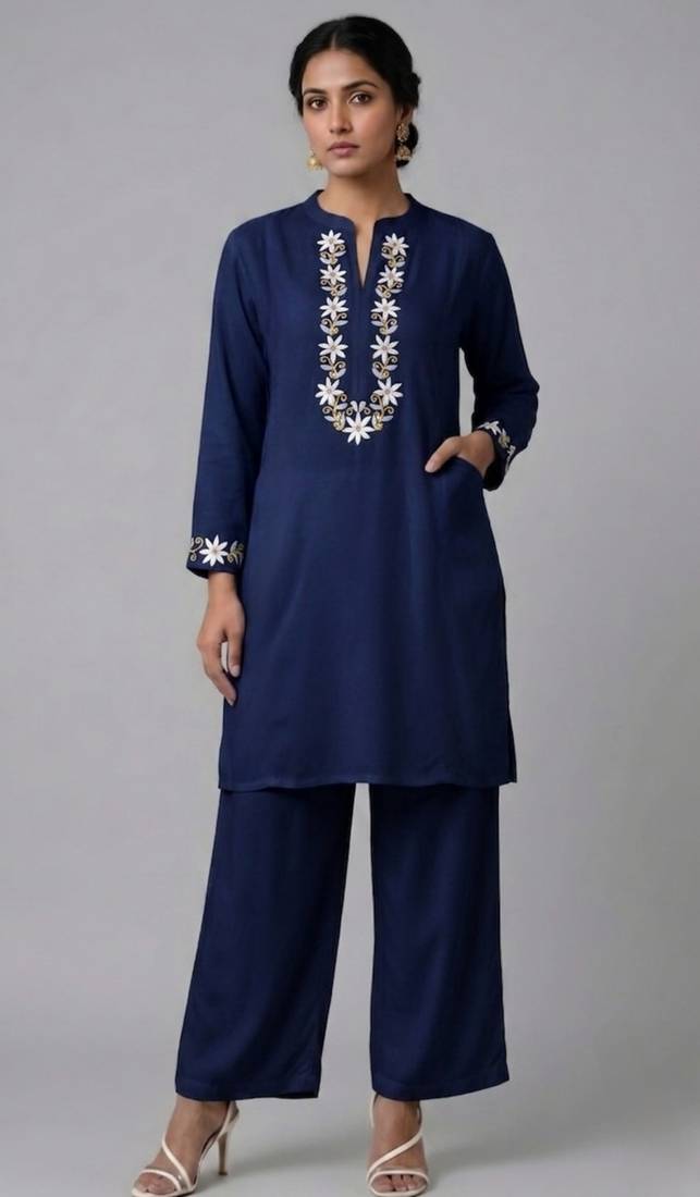 Blue embroidered rayon kurta set