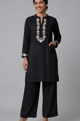 Black embroidered rayon kurta set