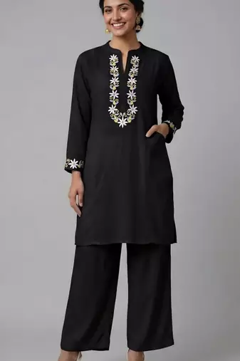 Black embroidered rayon kurta set