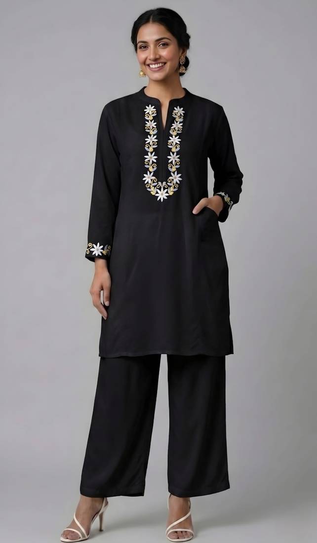 Black embroidered rayon kurta set