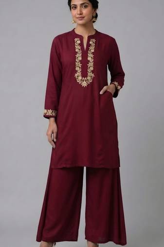 Maroon embroidered rayon kurta set
