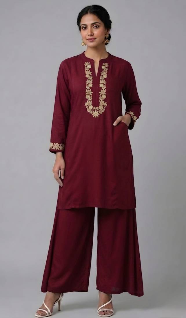 Maroon embroidered rayon kurta set