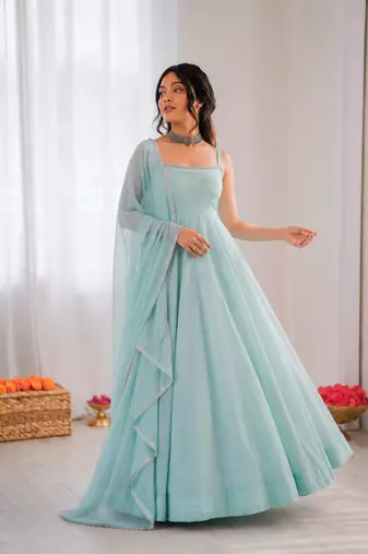 Sky blue art silk anarkali suit